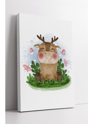 KOSS Dijital Geyik Çizimli Çocuk Odası Kanvas Tablo Doğa Temalı Sevimli Kelebekli Duvar Dekorasyonu