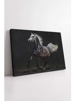 KOSS Dijital Gri At Hareket Sahnesi Kanvas Tablo Koyu Arka Plan Temalı Güçlü Kompozisyon Modern Mekân Görseli