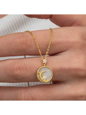 Katre46 Gümüş Gold Sedef Taşlı Ay Yıldız Hilal Kadın Kolye