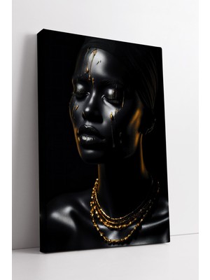 KOSS Dijital Altın Damla Detaylı Siyah Portre Modern Şıklık Sunan Estetik Sanatsal Kadın Figür Kanvas Tablo