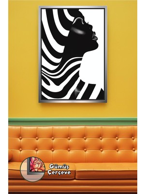 KOSS Dijital Siyah Beyaz Afrikalı Kadın Portresi Soyut Çizgili Dalga Desenli Modern Çerçeveli Kanvas Tablo