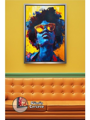 KOSS Dijital Gözlüklü Afrikalı Kadın Portre Renkli Yüz Çalışması Modern Ev Dekoru Çerçeveli Kanvas Tablo