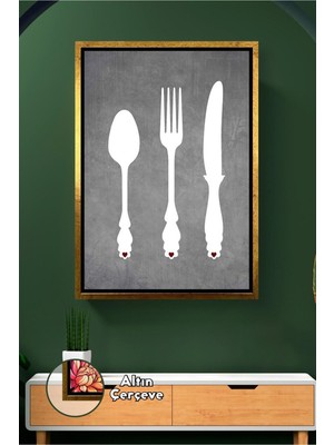 KOSS Dijital Minimal Mutfak Temalı Çerçeveli Kanvas Tablo – Kaşık Çatal Bıçak Silüetli Modern Duvar Dekoru