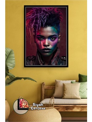 KOSS Dijital Renk Geçişli Afrika Kadın Yüz Portresi Mor Kırmızı Saç Detaylı Dekor Konsepti Çerçeveli Kanvas Tablo