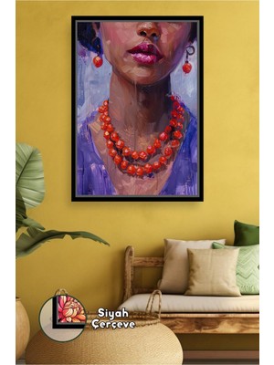 KOSS Dijital Afrikalı Kadın Dudak ve Boyun Detaylı Kırmızı Kolye Odaklı Portre Çerçeveli Kanvas Tablo