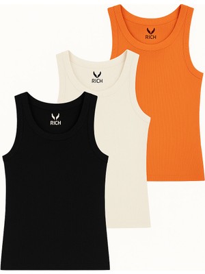Rich Kadın 3'lü Paket Siyah-Beyaz-Turuncu  Sıfır Kol Kaşkorse Body-Bisiklet Yaka %100 Pamuk Atlet Bluz