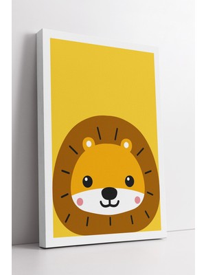 KOSS Dijital Sarı Fonlu Sevimli Aslan Çizimi Çocuk Odası Için Neşeli Modern Dekoratif Kanvas Tablo