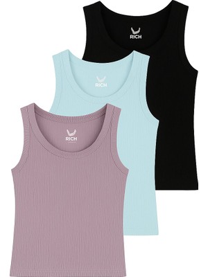 Rich Kadın 3'lü Paket Siyah-Açık Mavi-Lila Sıfır Kol Kaşkorse Body-Bisiklet Yaka %100 Pamuk Atlet Bluz