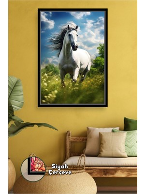 KOSS Dijital Doğada Koşan Beyaz At Figürlü Şık Duvar Dekoru Ferah Mekânlar Için Çerçeveli Kanvas Tablo