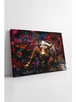 KOSS Dijital Wall Street Boğa Heykeli Graffiti Kanvas Tablo Renkli Finans Temalı Modern Ofis Görseli