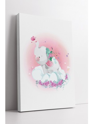 KOSS Dijital Bulutlu Fil Çocuk Odası Kanvas Tablo Pembe Çiçekli Sevimli Pastel Tonlarda Duvar Sanatı