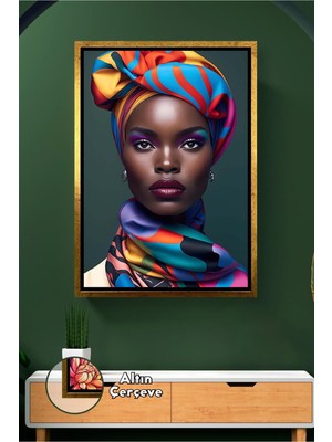 KOSS Dijital Renkli Başörtülü Kadın Portresi Salon Duvar Süsü Ev ve Ofis Dekorasyonu Çerçeveli Kanvas Tablo