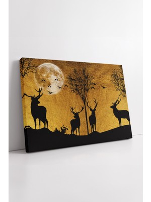 KOSS Dijital Altın Ay Manzarası Geyik Silüeti Doğa Temalı Modern Dekoratif Sanat Kanvas Duvar Tablosu
