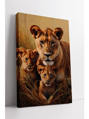 KOSS Dijital Aslan Aile Temalı Vahşi Doğa Çizimi Kanvas Tablo Safari Stil Modern Duvar Dekoru