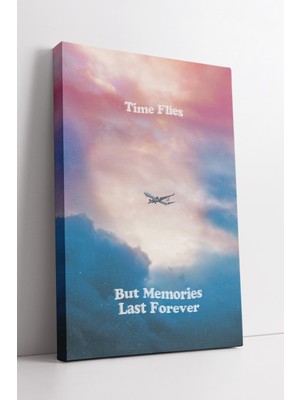 KOSS Dijital Time Flies But Memories Last Forever Yazılı Uçak Bulut Manzarası Modern Kanvas Tablo Dekoru
