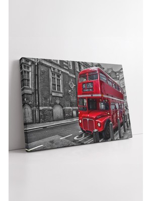 KOSS Dijital Londra Kırmızı Çift Katlı Otobüs ve Siyah Beyaz Şehir Sokak Manzarası Tower Hill Temalı Kanvas Tablo