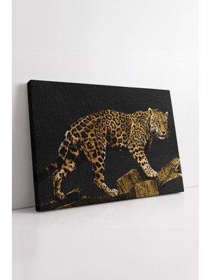 KOSS Dijital Leopar Figürü Altın Tonlu Vahşi Doğa Temalı Dekoratif Ev Ofis Modern Tarz Kanvas Tablo