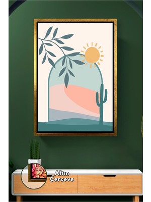 KOSS Dijital Güneş ve Kaktüs Figürlü Boho Duvar Dekoru Soyut Bohem Tarz Salon Yatak Odası Çerçeveli Kanvas Tablo