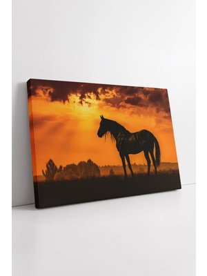 KOSS Dijital Gün Batımında At Silüeti Manzaralı Sıcak Tonlarda Doğa Temalı Estetik Kanvas Tablo Dekoru