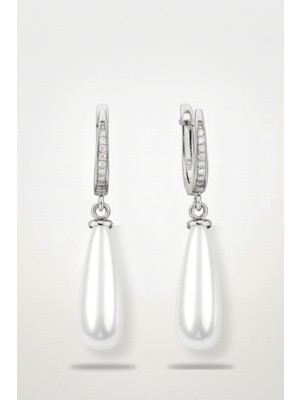 BymissMücevherat 925 Ayar Gümüş Sallantılı Uzun Damla Beyaz Mayorka İnci Taşlı Kadın Küpe | Zamansız Zarafet