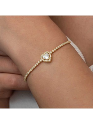 Katre46 Gümüş Gold Kalpli Su Yolu Bileklik