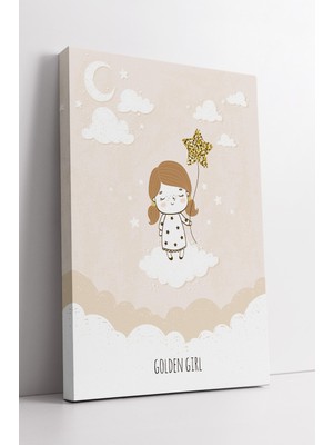 KOSS Dijital Golden Girl Temalı Bulut Üstü Sevimli Kız Çizimi Pastel Gökyüzü Masal Konseptli Kanvas Tablo