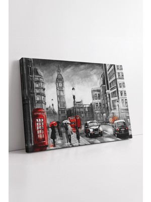 KOSS Dijital Londra Big Ben Yağmurlu Şehir Manzarası Kırmızı Telefon Kulübesi ve Otobüs Temalı Kanvas Tablo