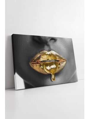 KOSS Dijital Altın Damlalı Dudak Minimal Siyah Beyaz Kontrast Modern Sanatsal Lüks Parlak Dekoratif Kanvas Tablo