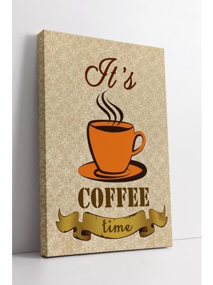 KOSS Dijital Vintage Desenli Zemin Üzerinde Turuncu Kahve Fincanı ve Yazı Detaylı Dekoratif Mutfak Kanvas Tablo