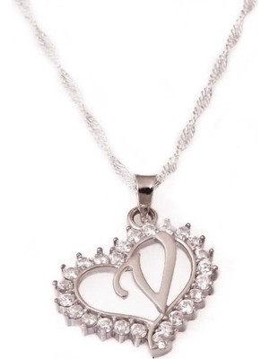 Erseyy 925 Ayar Gümüş V Harfi Kalpli Kadın Gümüş Kolye