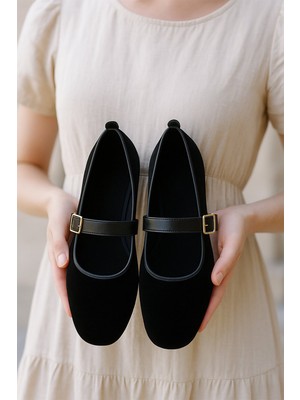 Sunstep Kadın Babet Ayakkabı Kadife Altın Tokalı Şık Hafif Ortopedik Ses Yapmaz Taban