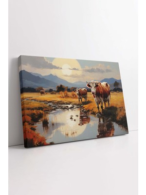KOSS Dijital Yağlı Boya Görünümlü Otlayan Inekler Doğa Çiftlik Hayatı Manzara Dekoratif Kanvas Duvar Tablosu