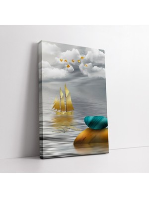 KOSS Dijital Altın Detaylı Soyut Deniz Gemi Kuşlar ve Taşlar Manzara Sanatsal Dekoratif Kanvas Duvar Tablosu