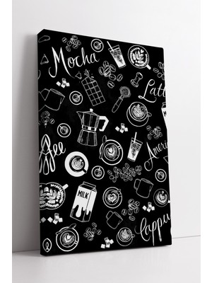 KOSS Dijital Siyah Fon Üzerine Kahve Çizimleri Kanvas Tablo ile Mutfak ve Kafelerde Modern Enerjik Dekor