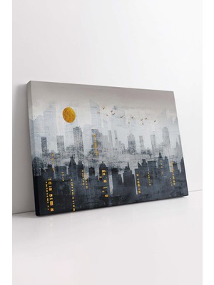 KOSS Dijital Modern Şehir Manzarası Kanvas Tablo, Şehir Illüstrasyonu Tablo, Gökdelen Kanvas, Premium Dekor Tablo