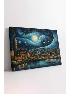 KOSS Dijital Van Gogh Stili Yıldızlı Gece Kanvas Tablo, Mavi Gece Tablo, Şehir Manzarası Kanvas, Lüks Tablo