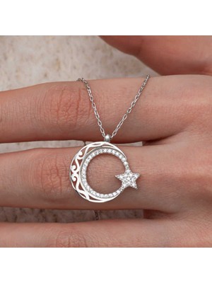 Katre46 Gümüş Desenli Ay Yıldız Kadın Kolye