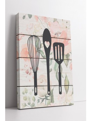 KOSS Dijital Çiçek Desenli Beyaz Zemin Üzerinde Çırpıcı Kaşık Spatula Silüetli Romantik Mutfak Kanvas Tablo