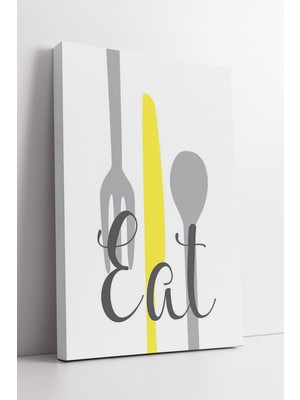 KOSS Dijital Sarı Bıçak ve Gri Çatal Kaşık Illüstrasyonlu Modern “eat” Yazılı Dekoratif Mutfak Kanvas Tablo