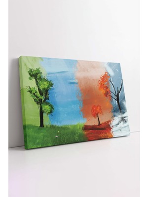 KOSS Dijital Yağlı Boya Görünümlü Dört Mevsim Temalı Doğa Manzarası Ağaç Soyut Dekoratif Yatay Kanvas Tablo