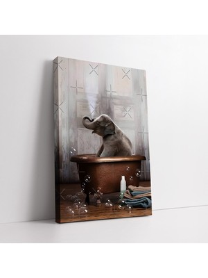 KOSS Dijital Küvette Banyo Yapan Yavru Fil ve Baloncuklar Dekoratif Kanvas Tablo, Banyo Salon Için Duvar Dekoru