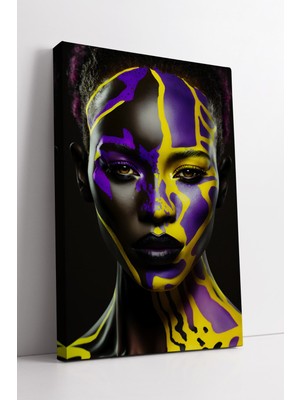 KOSS Dijital Mor ve Sarı Renkli Sanatsal Yüz Boyamalı Afrikalı Kadın Portresi Kanvas Tablo Ev Ofis Dekoru