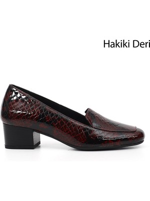GÖNDERİ Kadın Bordo Yılan  GDZA134M0452 Küt Burun Kısa Kalın Topuklu Hakiki Deri Ayakkabı