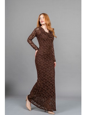 Degaje Yaka Güpür Detaylı Astarlı Tül Slim Uzun Elbise – Missvina 50365