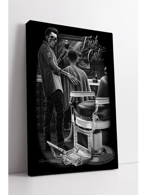 KOSS Dijital Fresh Cut Temalı Siyah Beyaz Barber Shop Illüstrasyonlu Modern Retro Stil Dekoratif Kanvas Tablo