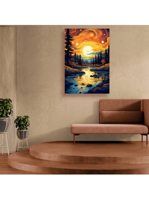 KOSS Dijital Soyut Minimalist Nehir Doğa ve Güneş Dekoratif Kanvas Tablo, Yağlı Boya Görünümlü Sanatsal Tablo