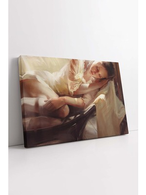 KOSS Dijital Beyaz Elbiseli Uyuyan Genç Kız Yağlı Boya Görünümlü Sanatsal Kanvas Tablo, Yatak Odası Için Dekor