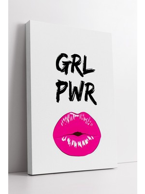KOSS Dijital Girl Power Yazılı Pembe Dudak Tasarımlı Modern Kanvas Tablo Feminen Duvar Sanatı Dekorasyonu