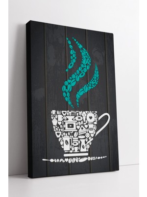 KOSS Dijital Turkuaz Buharlı Fincan Silüetli Modern Mutfak Duvar Dekoru Gri Ahşap Zemin Üzerine Şık Kanvas Tablo