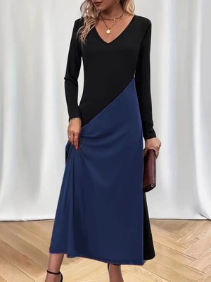 Başak Collection Kadın Uzun Kollu V Yakalı Blok Desenli Viskon Elbise